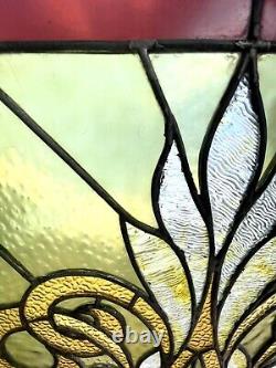 Large Antique Stained And Leaded Glass Window Panel Framed