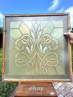 Large Antique Stained And Leaded Glass Window Panel Framed