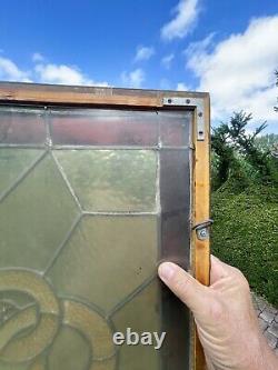 Large Antique Stained And Leaded Glass Window Panel Framed