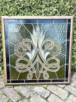 Large Antique Stained And Leaded Glass Window Panel Framed