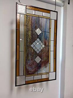 Large Beveled Stained Glass Panel Exquisite 26 ½x15 ½ window hanging