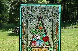 Large Flower basket Tiffany Style stained glass Jeweled window panel, 20 x 34