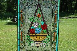 Large Flower basket Tiffany Style stained glass Jeweled window panel, 20 x 34