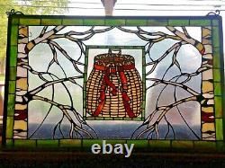 Large Handcrafted stained glass window panel Wicker Trapper Basket 28.5x18