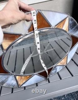 Large Oval Stained Glass Panel Sun catcher. Etched Glass Center. Brown & Marble