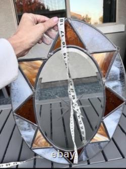 Large Oval Stained Glass Panel Sun catcher. Etched Glass Center. Brown & Marble