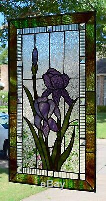 Large Purple Iris Stained Glass Window Panel