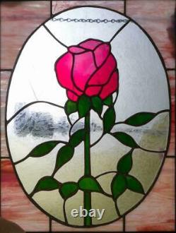 Large Red Rose Stained Glass Window Panel Ready to Hang hk