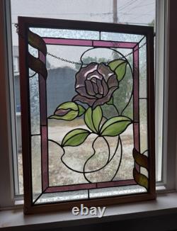 Large Stained Glass Rose Window Panel With Metal Chain. HEAVY