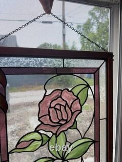 Large Stained Glass Rose Window Panel With Metal Chain. HEAVY