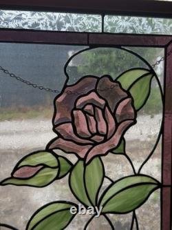 Large Stained Glass Rose Window Panel With Metal Chain. HEAVY
