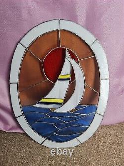 Large Stained Glass Sailboat Into The Sunset Window Panel Suncatcher