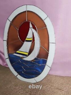 Large Stained Glass Sailboat Into The Sunset Window Panel Suncatcher