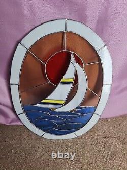 Large Stained Glass Sailboat Into The Sunset Window Panel Suncatcher