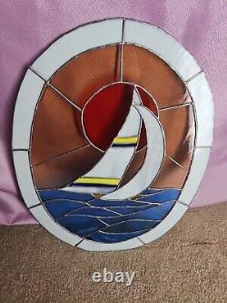 Large Stained Glass Sailboat Into The Sunset Window Panel Suncatcher