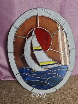 Large Stained Glass Sailboat Into The Sunset Window Panel Suncatcher