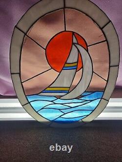 Large Stained Glass Sailboat Into The Sunset Window Panel Suncatcher