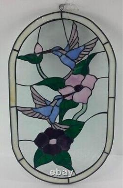 Large Tiffany Style Hummingbird and Flowers Stained Glass Panel 13.25 x 21.25