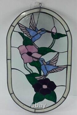 Large Tiffany Style Hummingbird and Flowers Stained Glass Panel 13.25 x 21.25