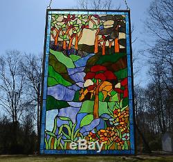Large Tiffany Style stained glass window panel Deer Drinking Water