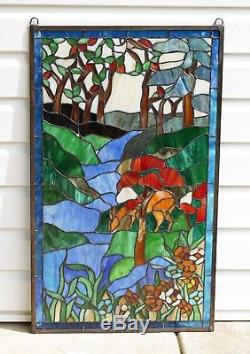 Large Tiffany Style stained glass window panel Deer Drinking Water 20.5 x 34.5