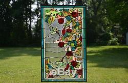 Large Tiffany Style stained glass window panel Hummingbirds & Flower, 20 x 34