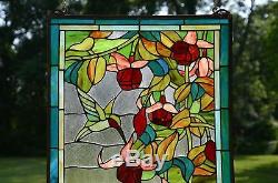 Large Tiffany Style stained glass window panel Hummingbirds & Flower, 20 x 34