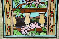 Large Tiffany Style stained glass window panel Love Bird Two Parrot 20.75 x 35
