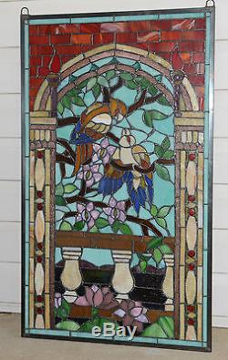 Large Tiffany Style stained glass window panel Love Bird Two Parrot 20.75 x 35