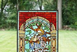Large Tiffany Style stained glass window panel Love Bird Two Parrots on the Tree