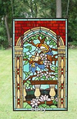 Large Tiffany Style stained glass window panel Love Bird Two Parrots on the Tree