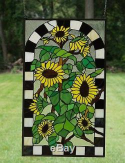 Large Tiffany Style stained glass window panel Sunflower Garden 20.75 x 35