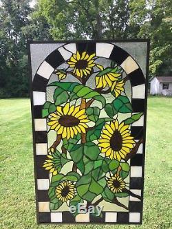 Large Tiffany Style stained glass window panel Sunflower Garden 20.75 x 35