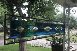 Large Transom Stained Glass Window Panel withBevels Blue & Green Tones, 30x6