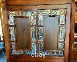 Large Victorian Walnut Panel W Stained Glass & Beveled Mirrors