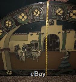 Large Vintage 65x32 Original Arched Stain Glass Panel Window withSpanish Scene
