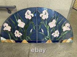 Large Vintage Blue Stained Glass Panels Pink Lilies Flowers Green Leaves 71x35