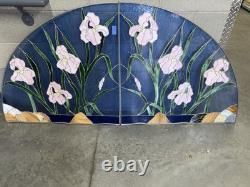 Large Vintage Blue Stained Glass Panels Pink Lilies Flowers Green Leaves 71x35