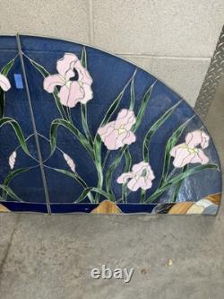 Large Vintage Blue Stained Glass Panels Pink Lilies Flowers Green Leaves 71x35