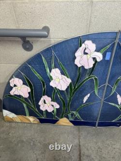 Large Vintage Blue Stained Glass Panels Pink Lilies Flowers Green Leaves 71x35