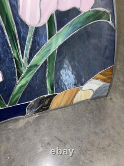 Large Vintage Blue Stained Glass Panels Pink Lilies Flowers Green Leaves 71x35