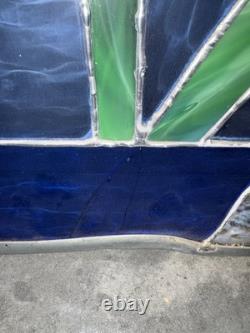 Large Vintage Blue Stained Glass Panels Pink Lilies Flowers Green Leaves 71x35
