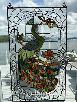 Large handmade stained and beveled glass colorful peacock window panel with hook