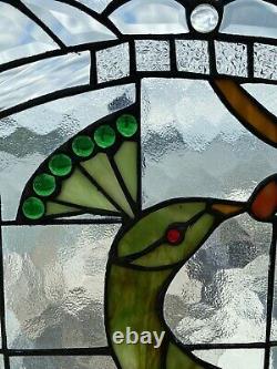 Large handmade stained and beveled glass colorful peacock window panel with hook