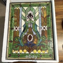 Leaded Rectangle Stained Glass Window Panel with Floral Design