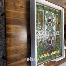 Leaded Rectangle Stained Glass Window Panel with Floral Design