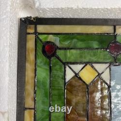 Leaded Rectangle Stained Glass Window Panel with Floral Design