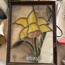 Leaded Stained Glass Daffodil Window Hanging Panel Wood Frame, Small