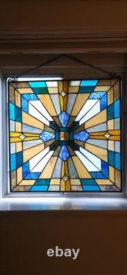 Leaded Stained Glass Window Hanging Panel Square Geometric Blue Yellow White