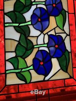 Leaded Stained Glass Window Panel 21x 34/2 Gorgeous Red & Blue Floral (READ)